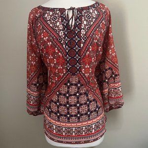 Orange, Red and Blue Patterned Blouse